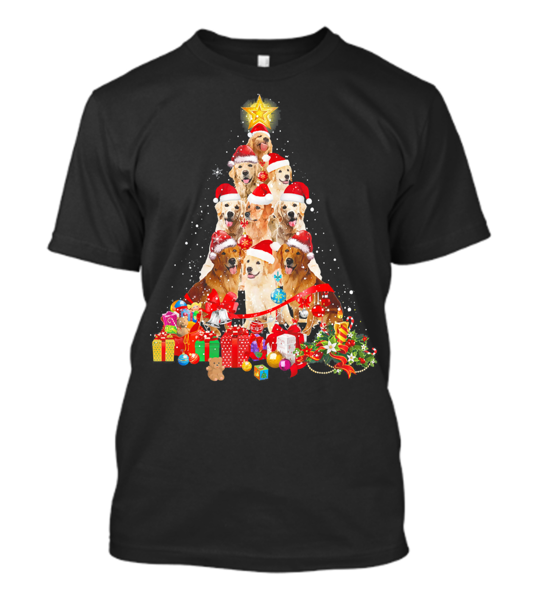 Golden Retriever Christmas Tree Santa With Gifts And Holiday Decorations T-Shirt