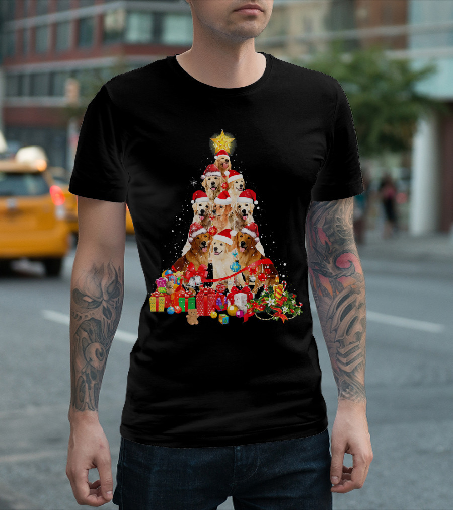 Golden Retriever Christmas Tree Santa With Gifts And Holiday Decorations T-Shirt