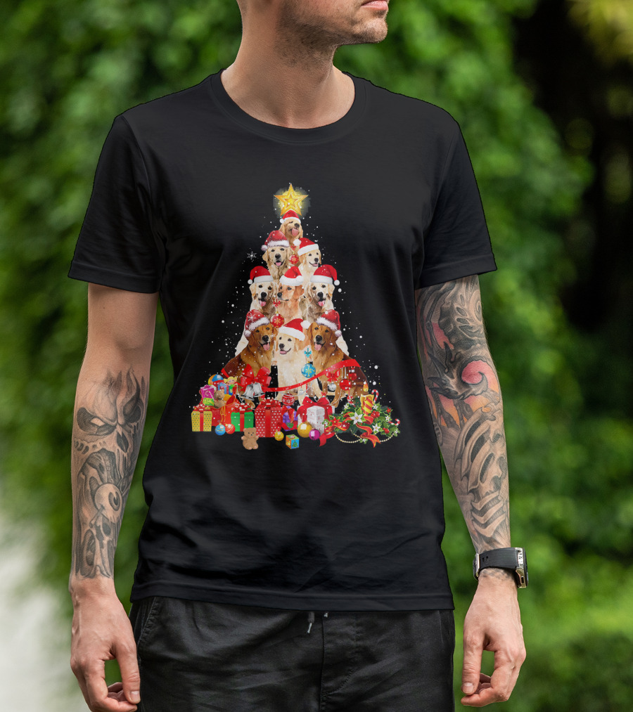 Golden Retriever Christmas Tree Santa With Gifts And Holiday Decorations T-Shirt