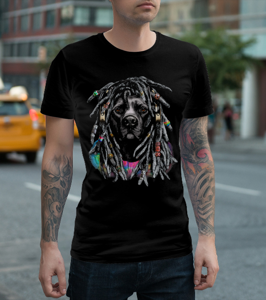 Black Pit Bull Dog with Colorful Dreadlocks and Beads T-Shirt