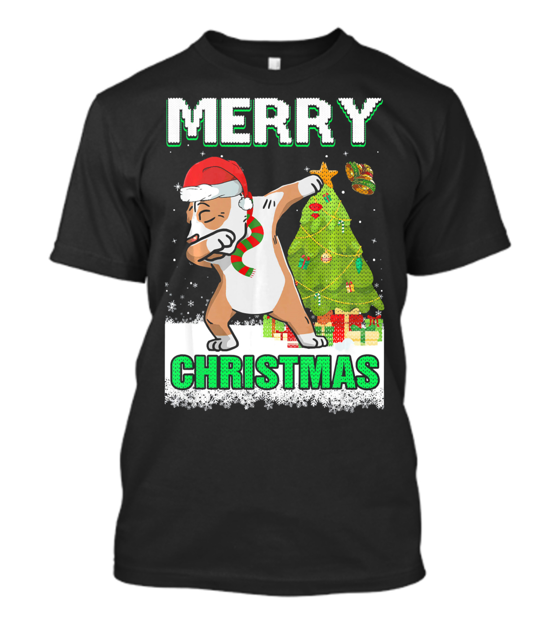 Merry Christmas Cute Pit Bull Claus Dabbing With Tree And Gifts T-Shirt