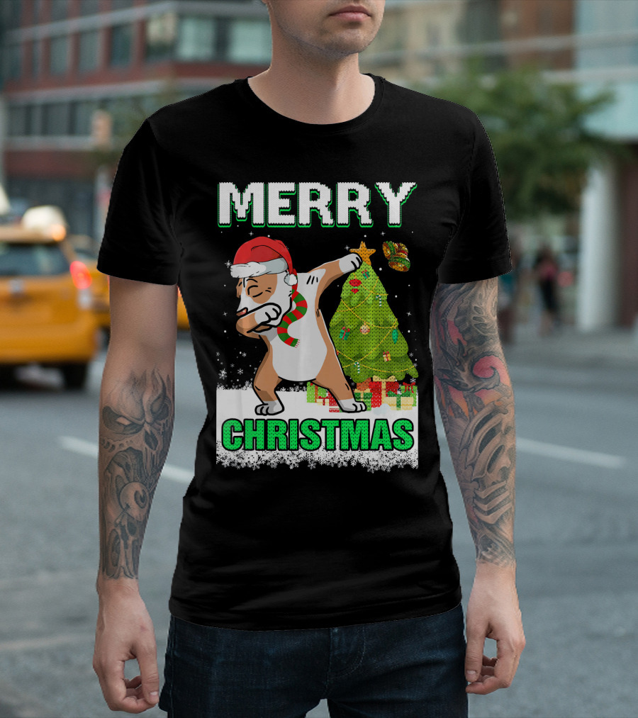 Merry Christmas Cute Pit Bull Claus Dabbing With Tree And Gifts T-Shirt