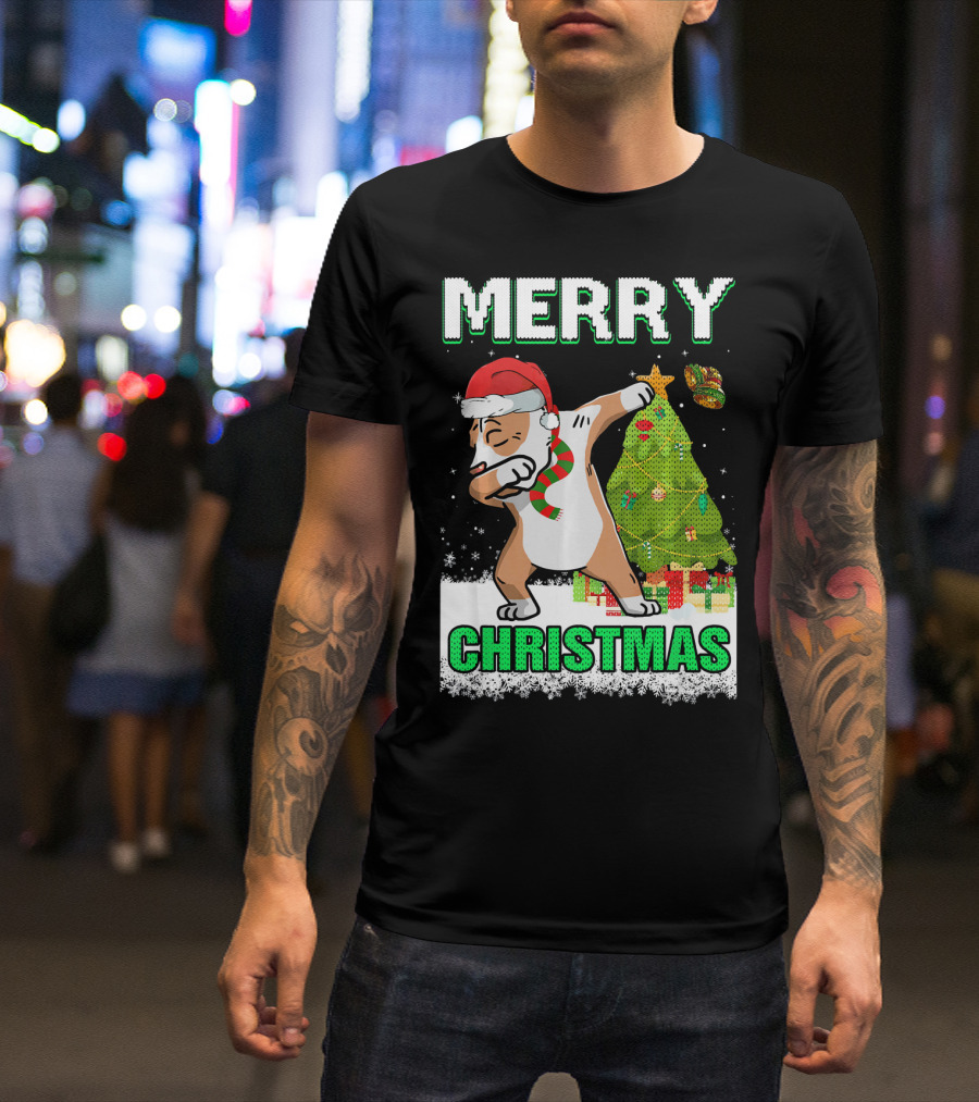 Merry Christmas Cute Pit Bull Claus Dabbing With Tree And Gifts T-Shirt