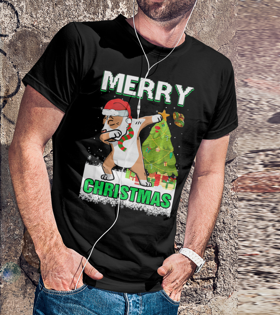Merry Christmas Cute Pit Bull Claus Dabbing With Tree And Gifts T-Shirt