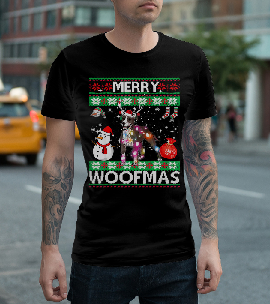 Merry Woofmas American Pit Bull Terrier Christmas Reindeer Snowman Lights T-Shirt