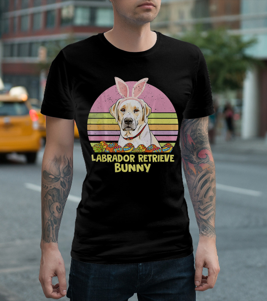 Labrador Retrieve Bunny Easter Eggs Pastel Stripes T-Shirt