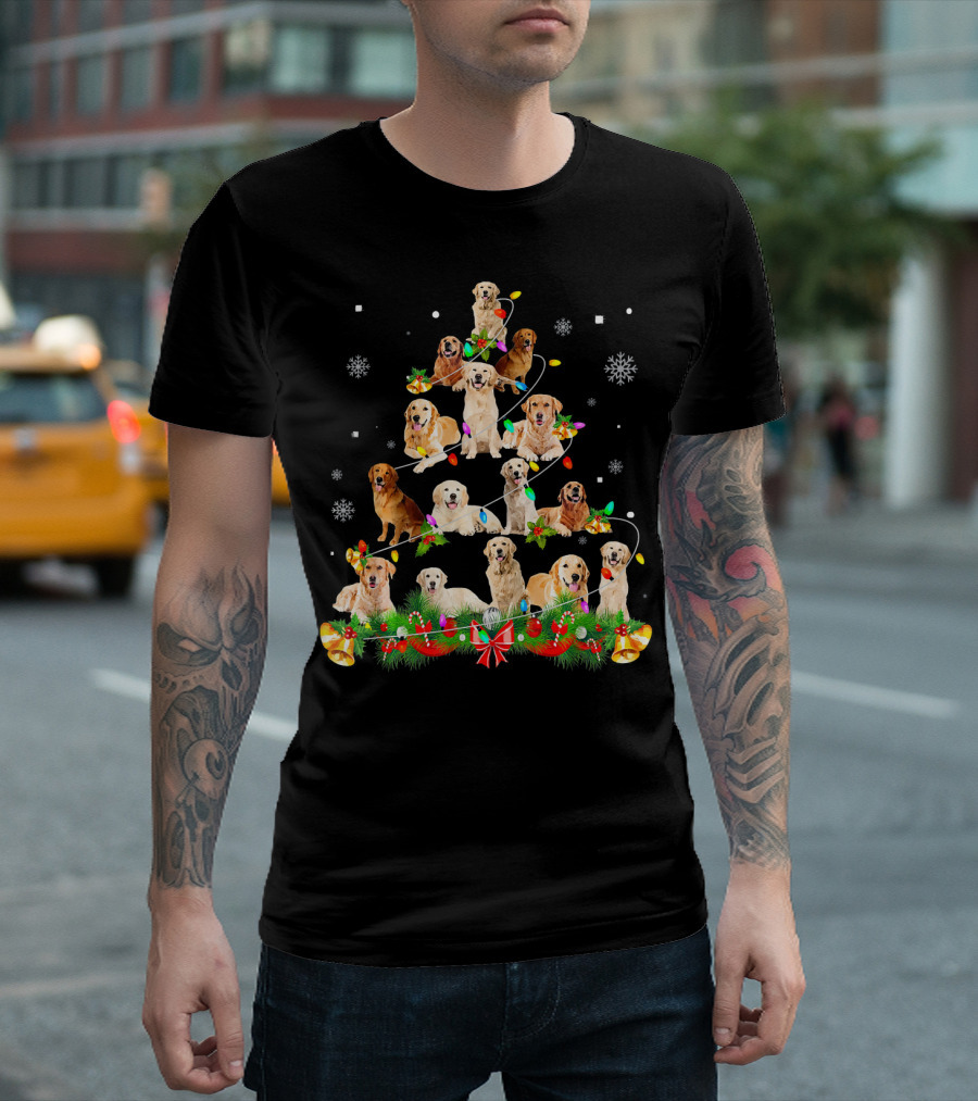Funny Christmas Tree Golden Retrievers with Lights and Snowflakes T-Shirt