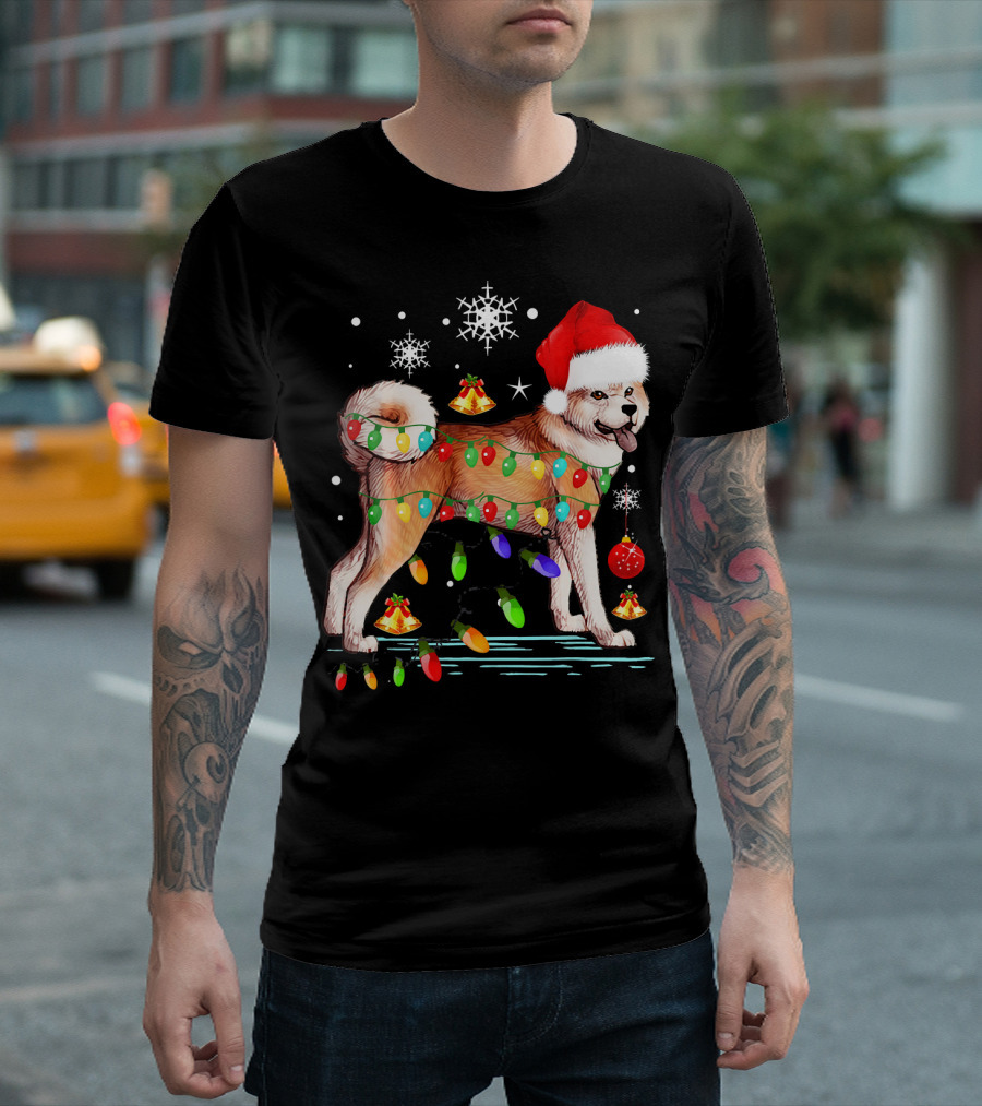 Christmas Lights Akita Dog Santa Hat Snowflakes and Bells T-Shirt