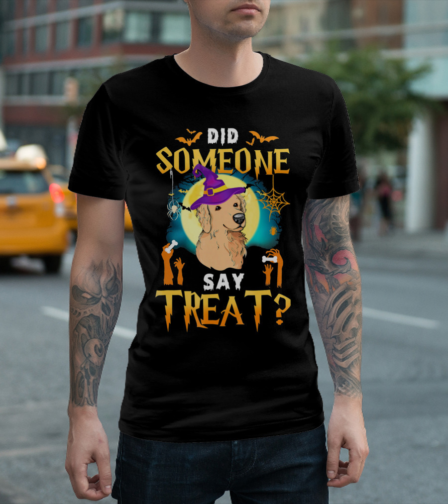 Did Someone Say Treat Golden Retriever Halloween Moon Bat Witch Hat T-Shirt