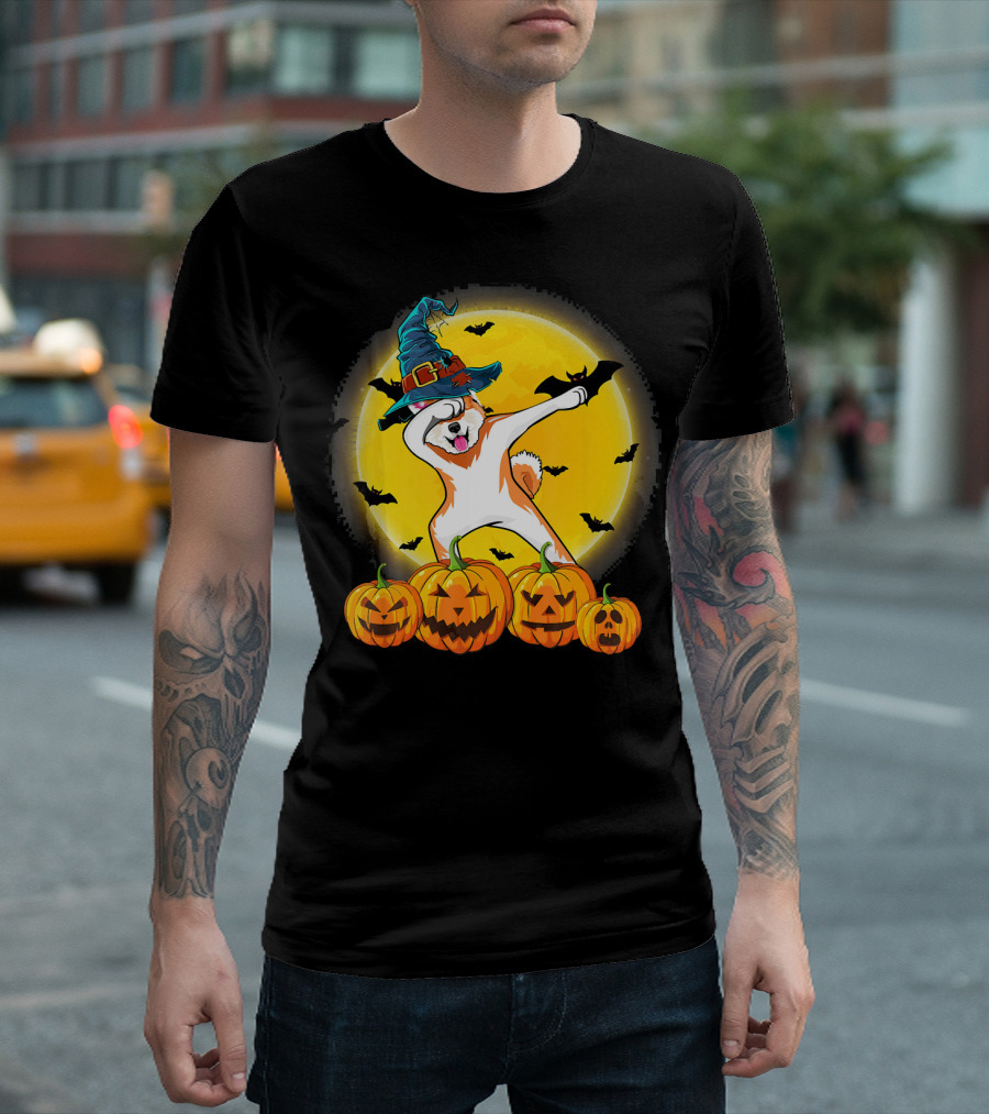 Dabbing Akita Dog in Witch Hat with Pumpkins and Full Moon Halloween Scene T-Shirt