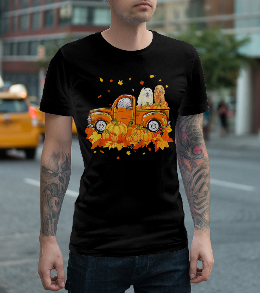 Golden Retriever Sitting in Pumpkin-Filled Vintage Truck with Fall Leaves T-Shirt