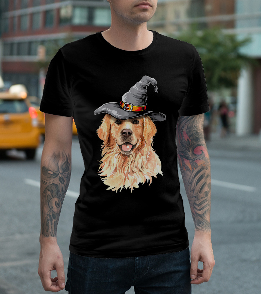 Golden Retriever In Witch Hat Halloween T-Shirt
