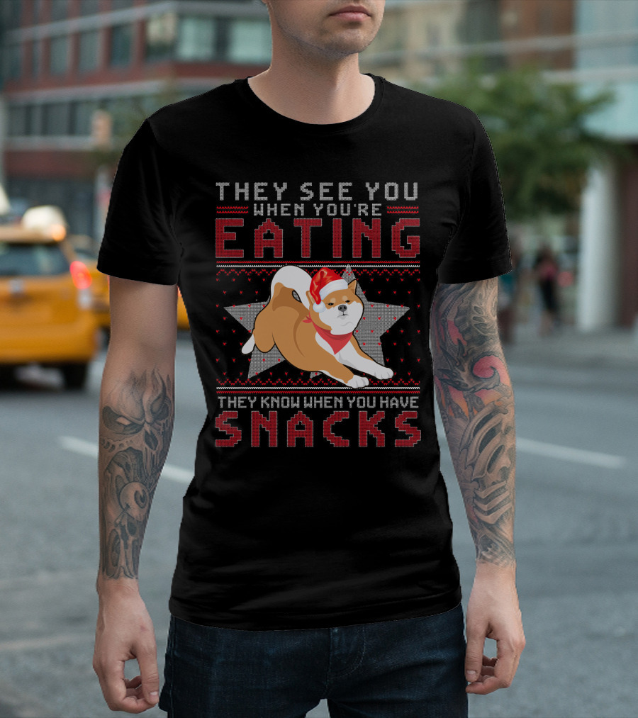 They See You When You're Eating Akita Inu Snacks Christmas T-Shirt
