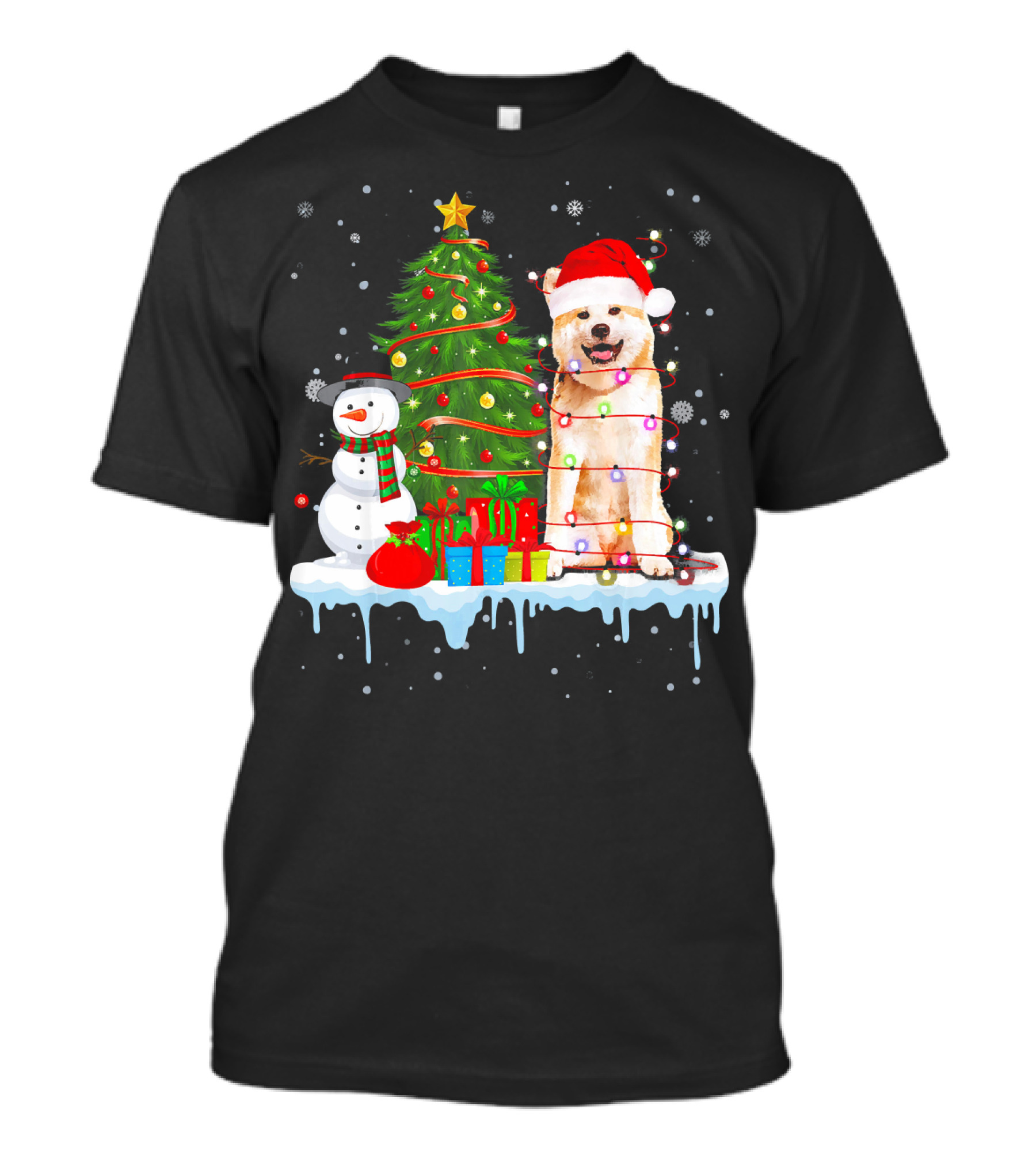 Akita Inu Santa Hat Wrapped In Christmas Lights With Tree Snowman And Gifts T-Shirt