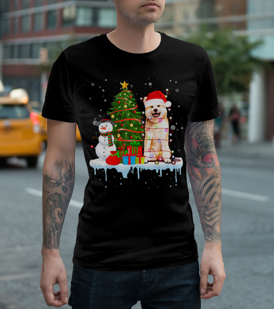Akita Inu Santa Hat Wrapped In Christmas Lights With Tree Snowman And Gifts T-Shirt