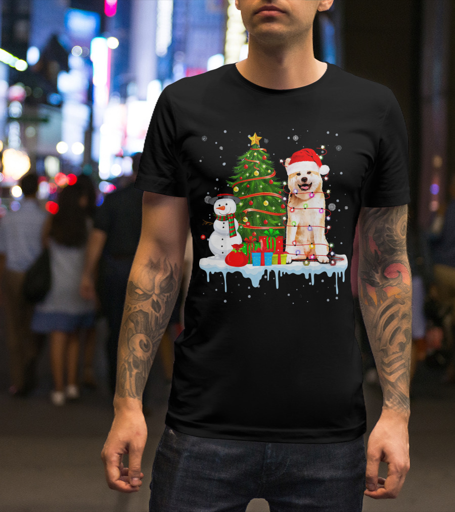 Akita Inu Santa Hat Wrapped In Christmas Lights With Tree Snowman And Gifts T-Shirt