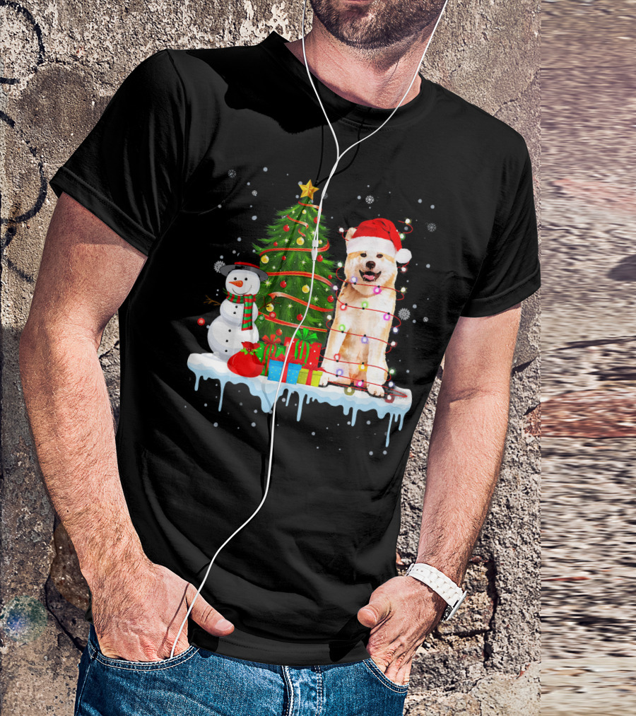 Akita Inu Santa Hat Wrapped In Christmas Lights With Tree Snowman And Gifts T-Shirt