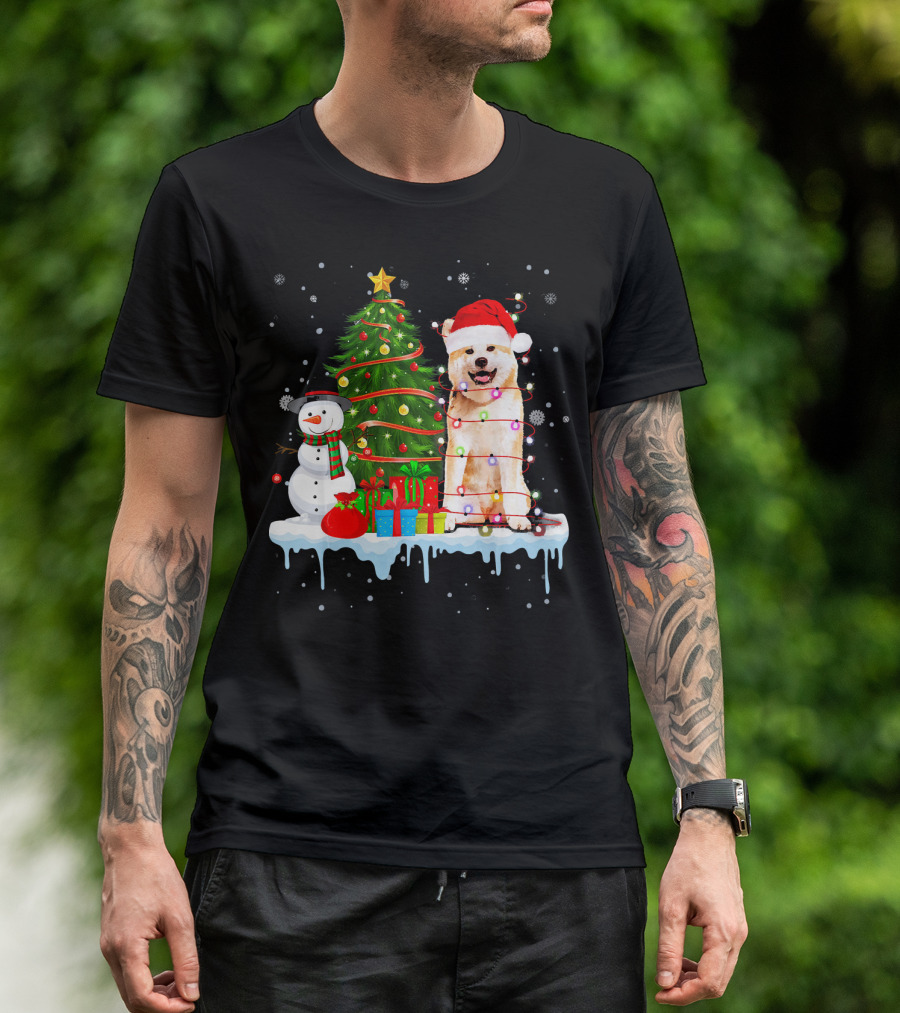 Akita Inu Santa Hat Wrapped In Christmas Lights With Tree Snowman And Gifts T-Shirt