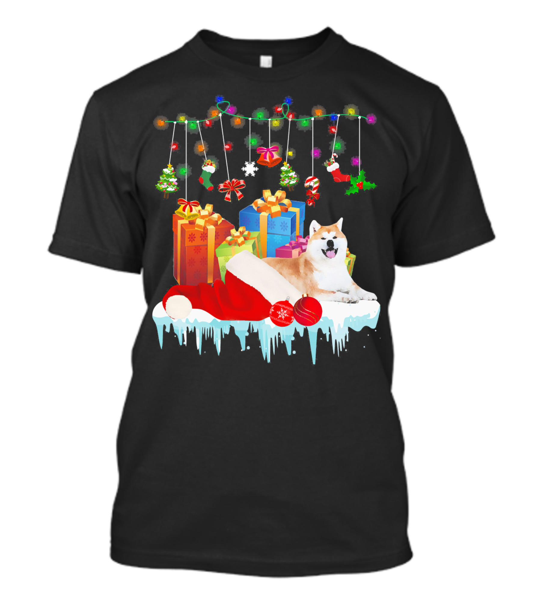 Funny Akita Dog In Santa Hat With Christmas Gifts And Ornaments T-Shirt