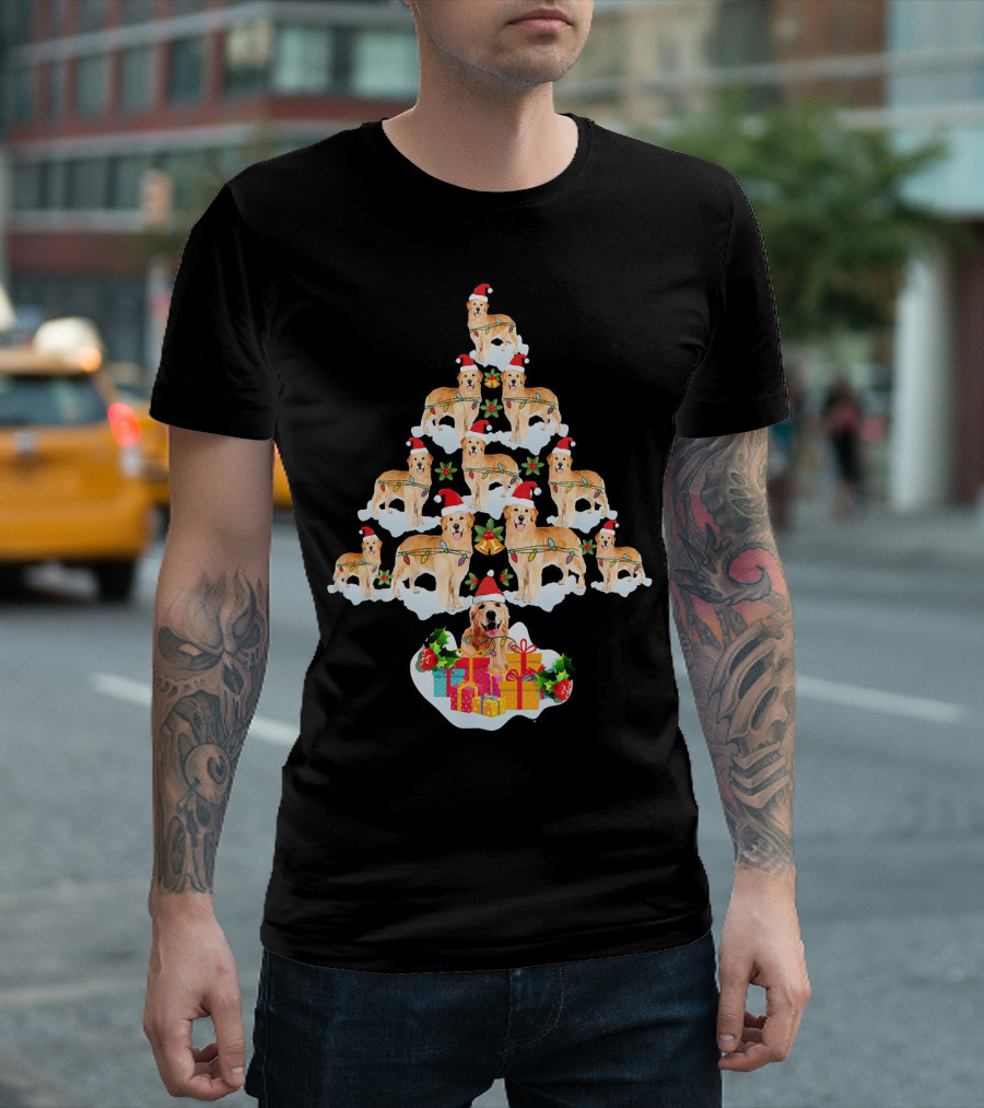 Golden Retriever Dog Christmas Tree Santa Hats and Gifts T-Shirt