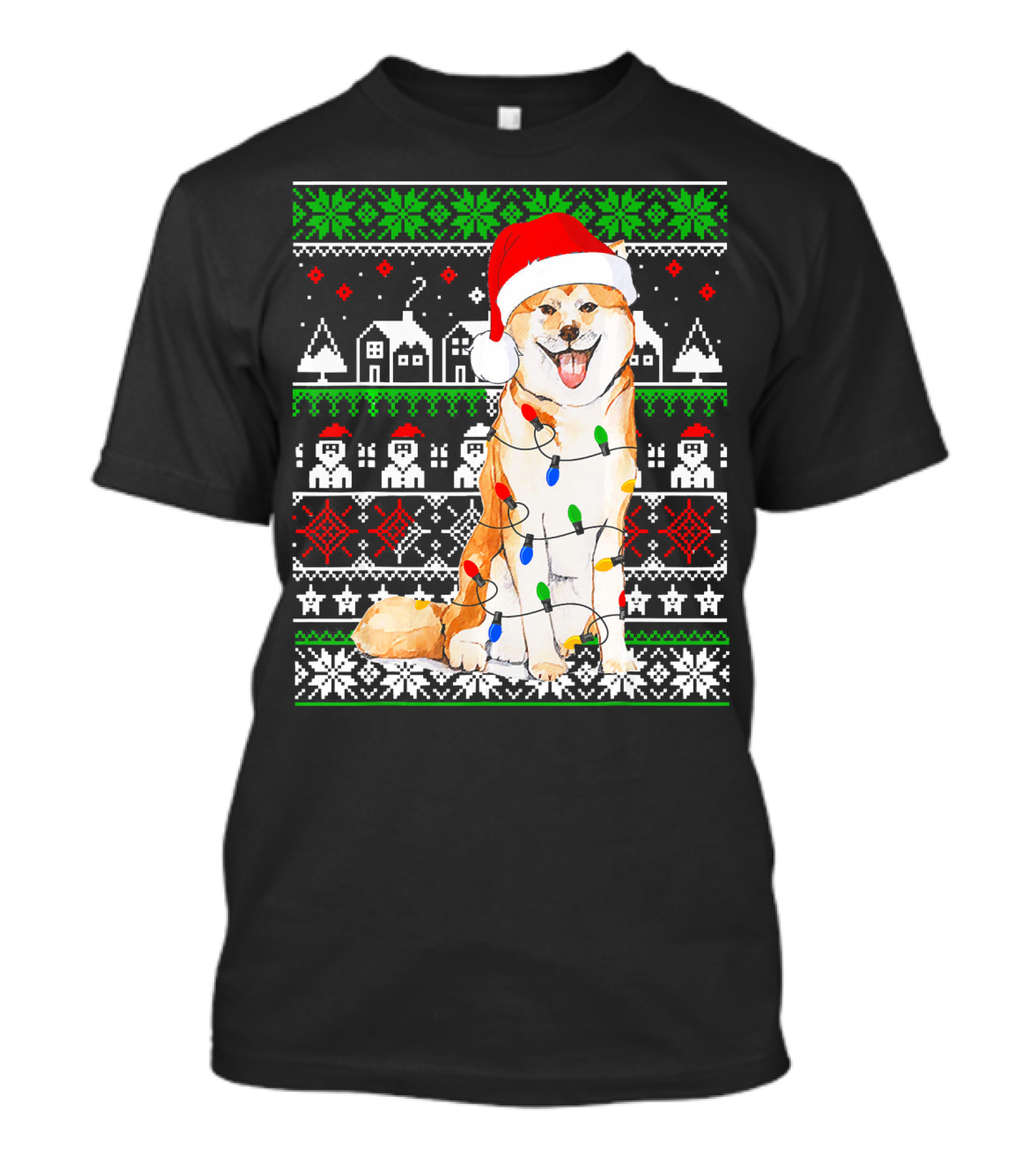 Akita Inu Wrapped In Christmas Lights With Santa Hat And Festive T-Shirt