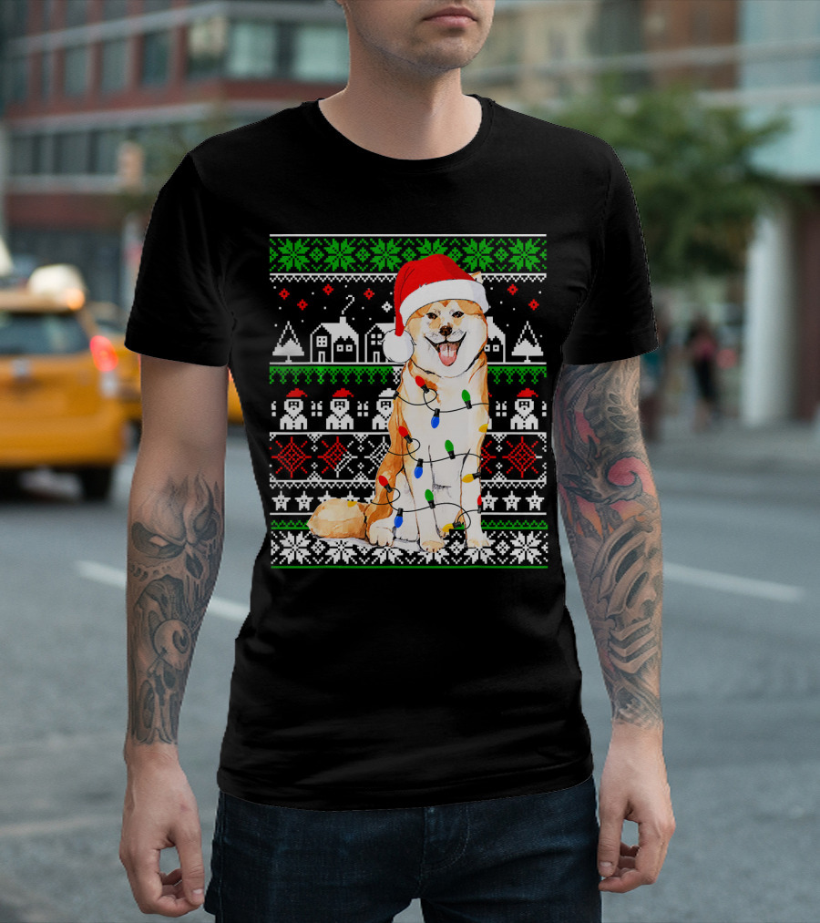 Akita Inu Wrapped In Christmas Lights With Santa Hat And Festive T-Shirt