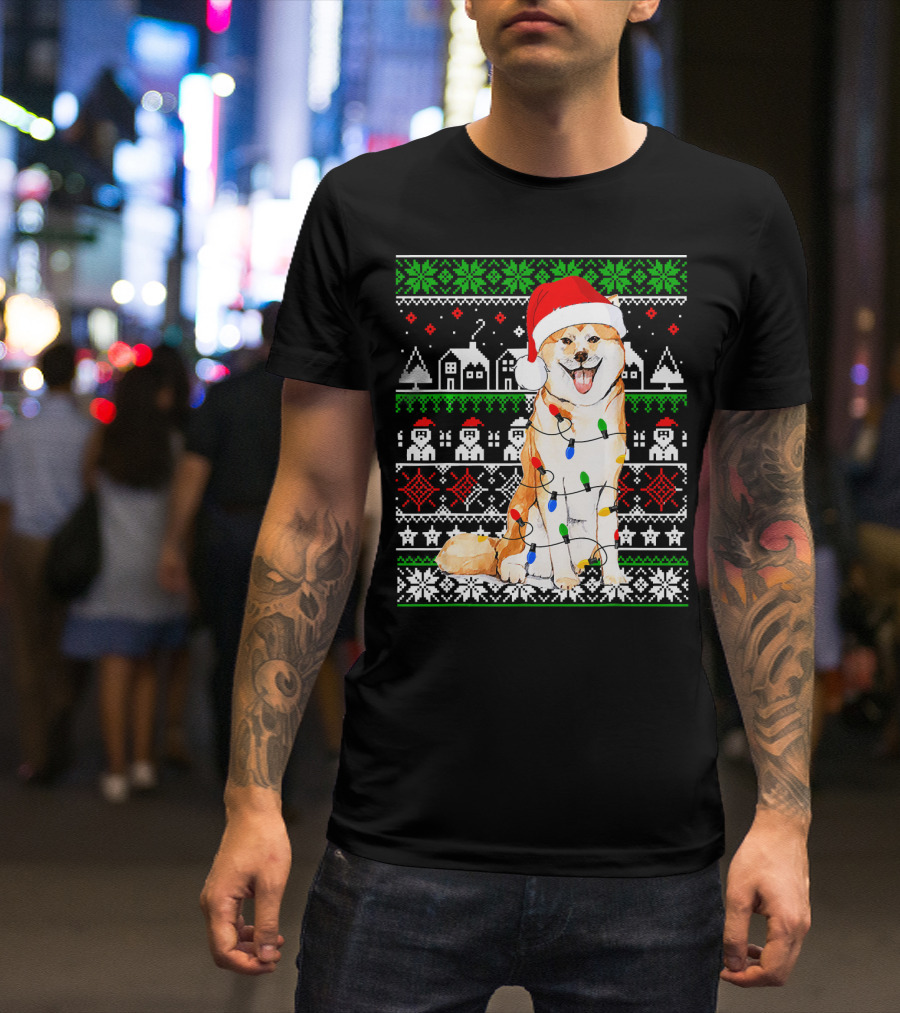 Akita Inu Wrapped In Christmas Lights With Santa Hat And Festive T-Shirt