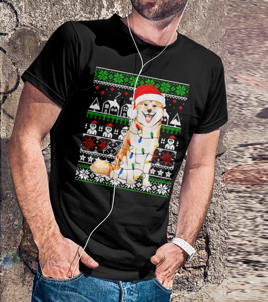 Akita Inu Wrapped In Christmas Lights With Santa Hat And Festive T-Shirt