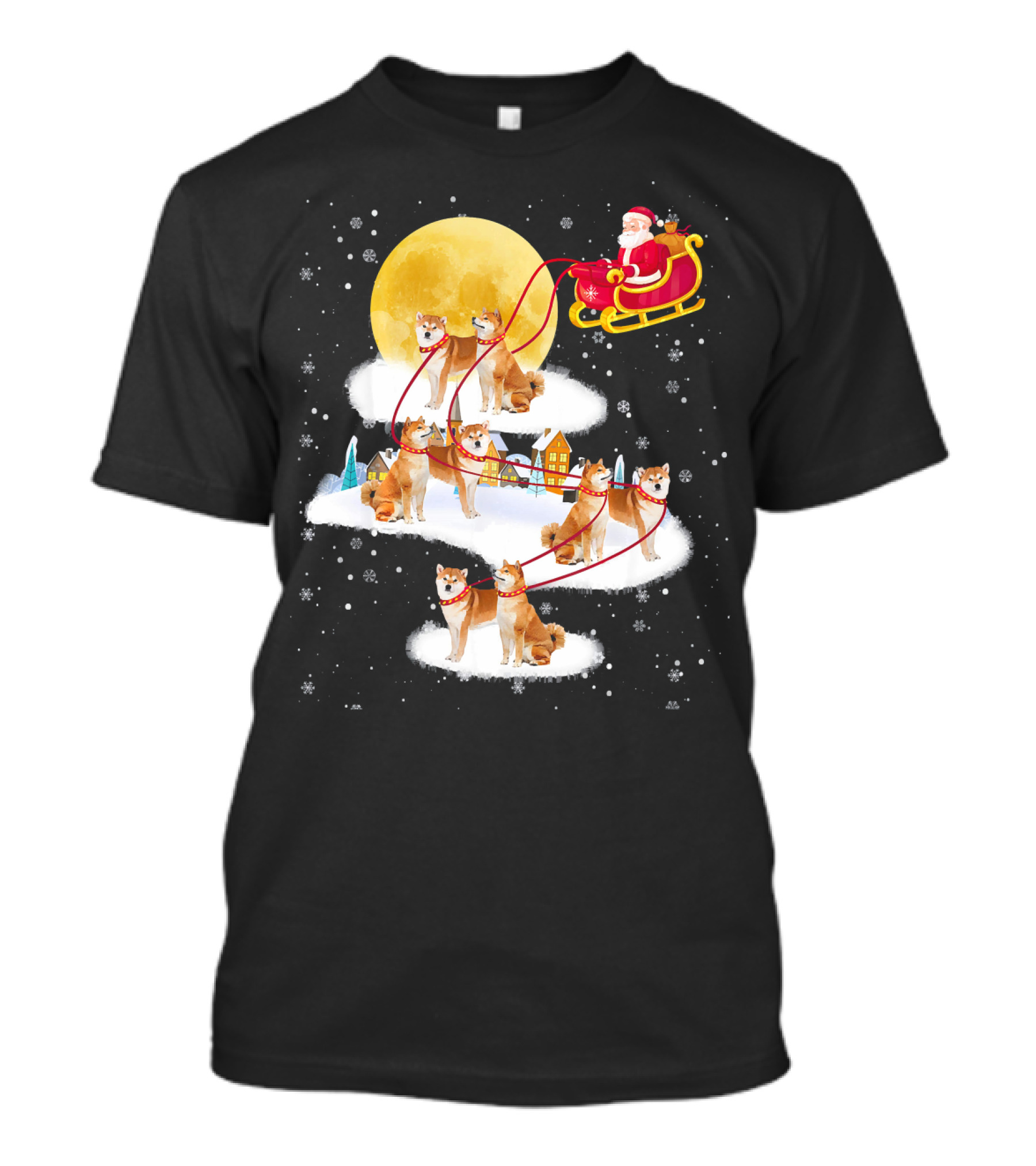 Akita Reindeer Christmas Dog Santa Sleigh Snow Village Moon T-Shirt