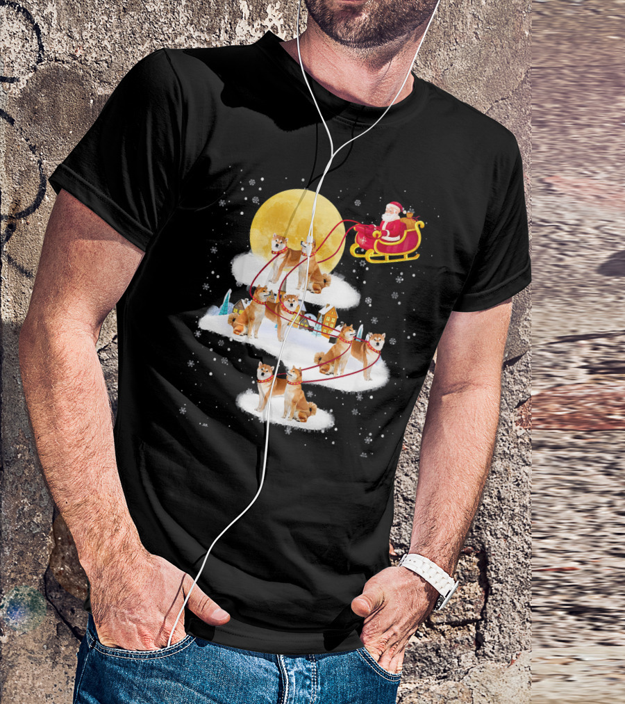 Akita Reindeer Christmas Dog Santa Sleigh Snow Village Moon T-Shirt
