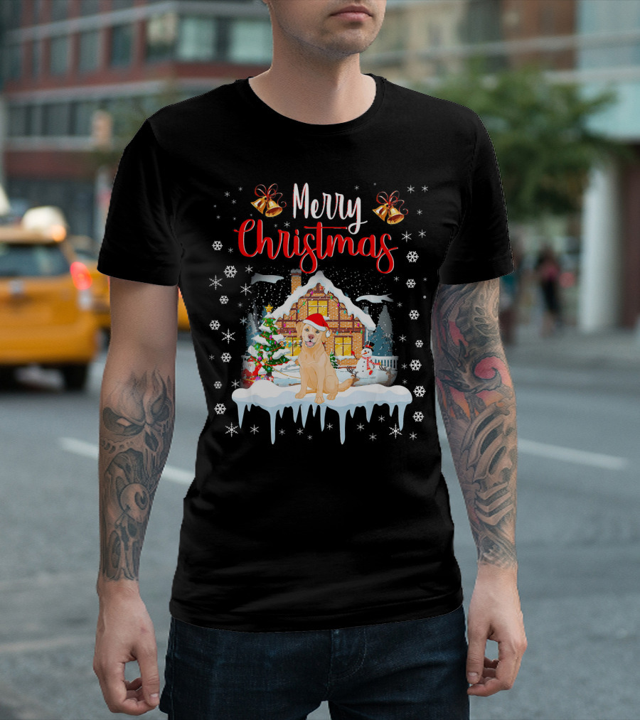 Merry Christmas Golden Retriever Santa Hat Snowy Scene T-Shirt