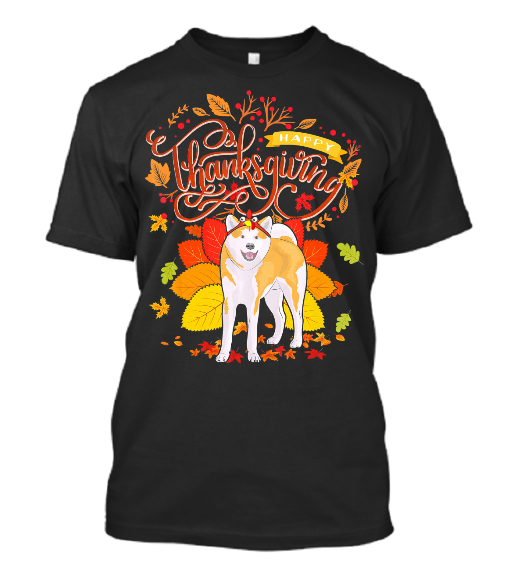 Happy Thanksgiving Akita Dog With Turkey Hat And Fall Leaves T-Shirt