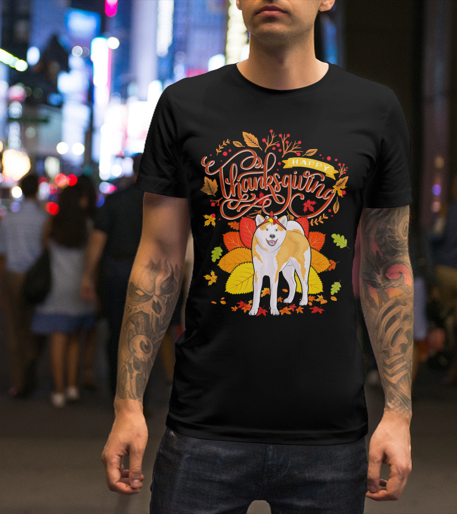 Happy Thanksgiving Akita Dog With Turkey Hat And Fall Leaves T-Shirt