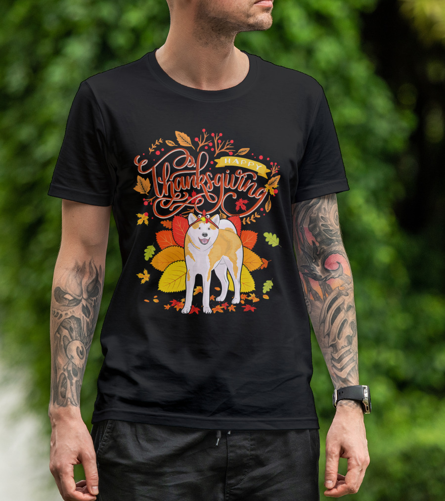 Happy Thanksgiving Akita Dog With Turkey Hat And Fall Leaves T-Shirt