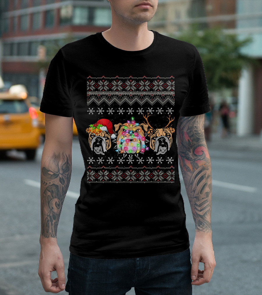 Christmas Pit Bull Ugly Sweater With Santa Hat And Antlers Lights T-Shirt