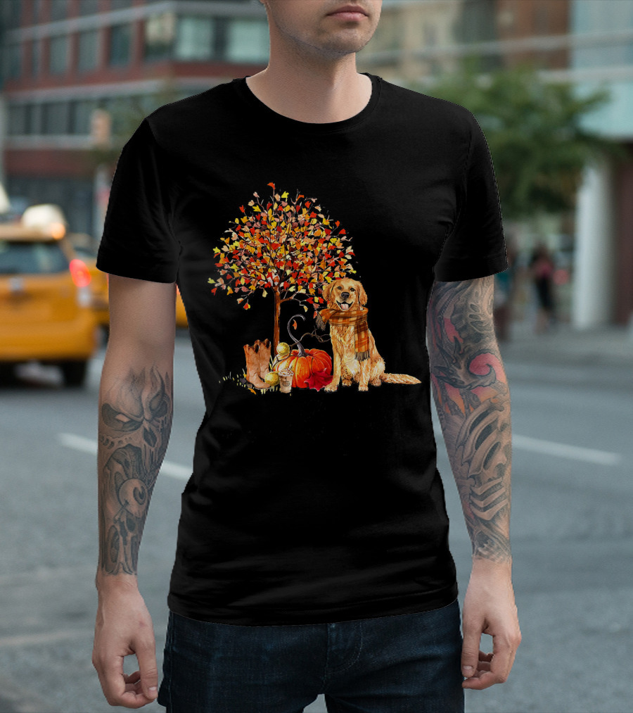 Golden Retriever Scarf Fall Pumpkins Leaves Tree T-Shirt