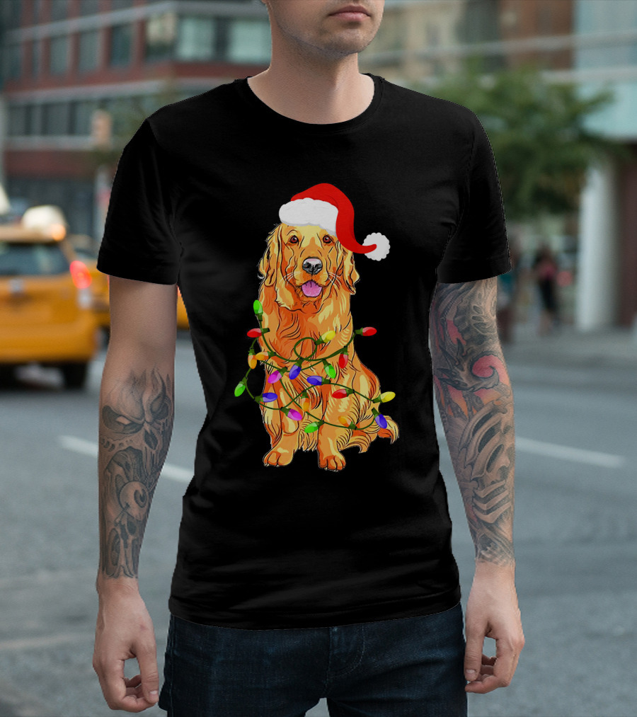 Golden Retriever Christmas Lights Cute Dog With Santa Hat T-Shirt