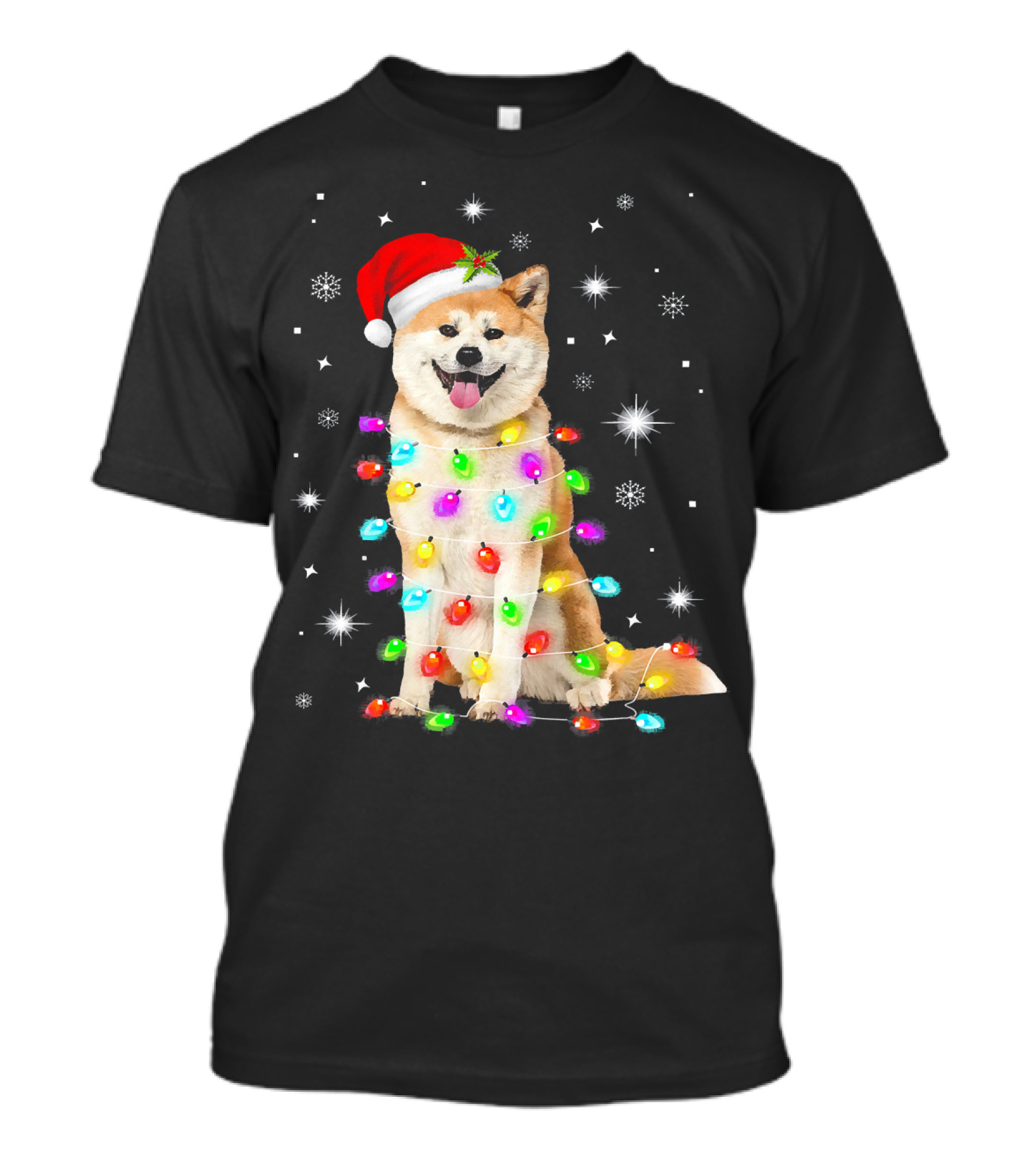 Christmas With Akita Dog Funny Dog Santa Hat And Holiday Lights T-Shirt