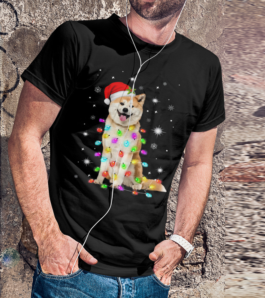 Christmas With Akita Dog Funny Dog Santa Hat And Holiday Lights T-Shirt