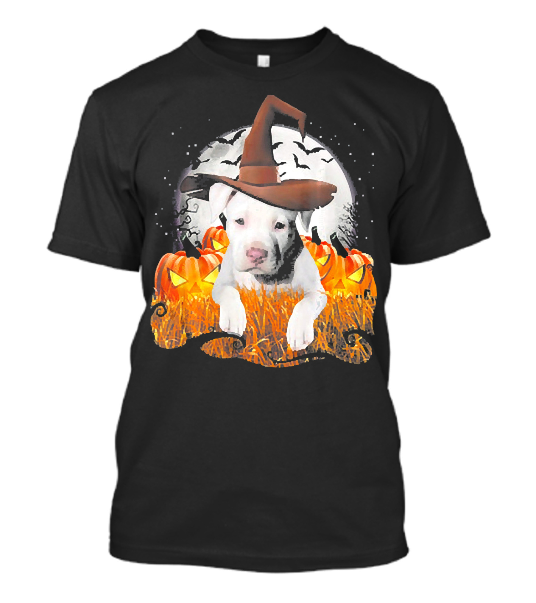 Cute White Pit Bull Dog Witch On Halloween Pumpkin Patch Night Scene T-Shirt