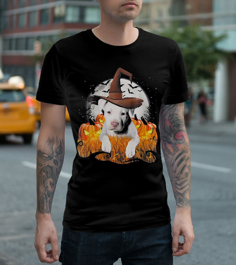 Cute White Pit Bull Dog Witch On Halloween Pumpkin Patch Night Scene T-Shirt