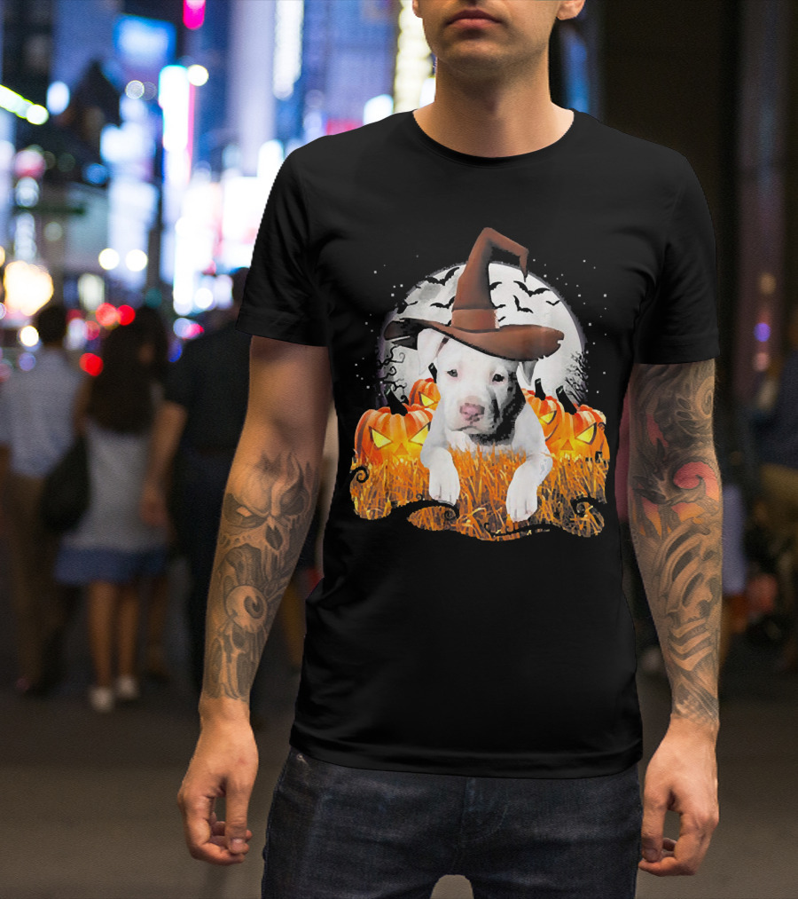 Cute White Pit Bull Dog Witch On Halloween Pumpkin Patch Night Scene T-Shirt