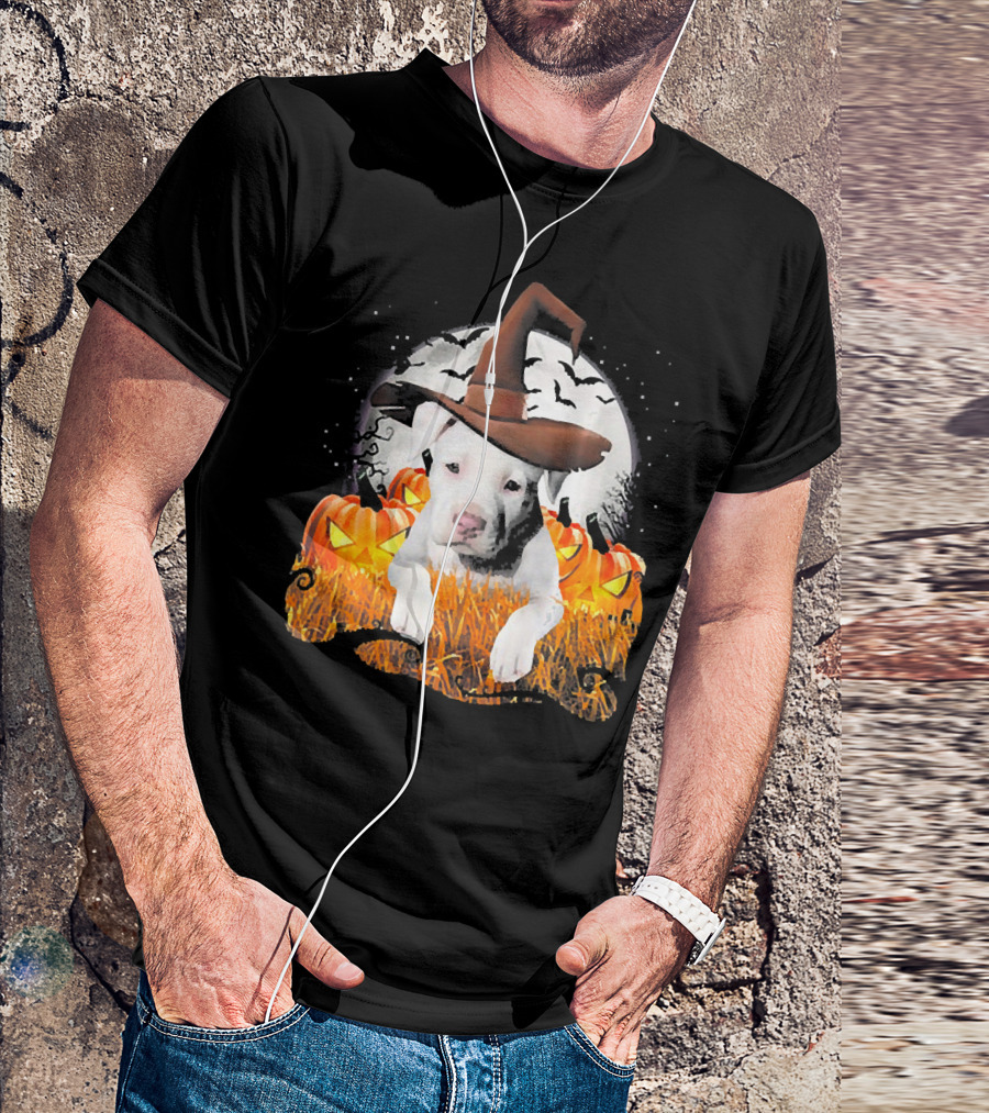 Cute White Pit Bull Dog Witch On Halloween Pumpkin Patch Night Scene T-Shirt