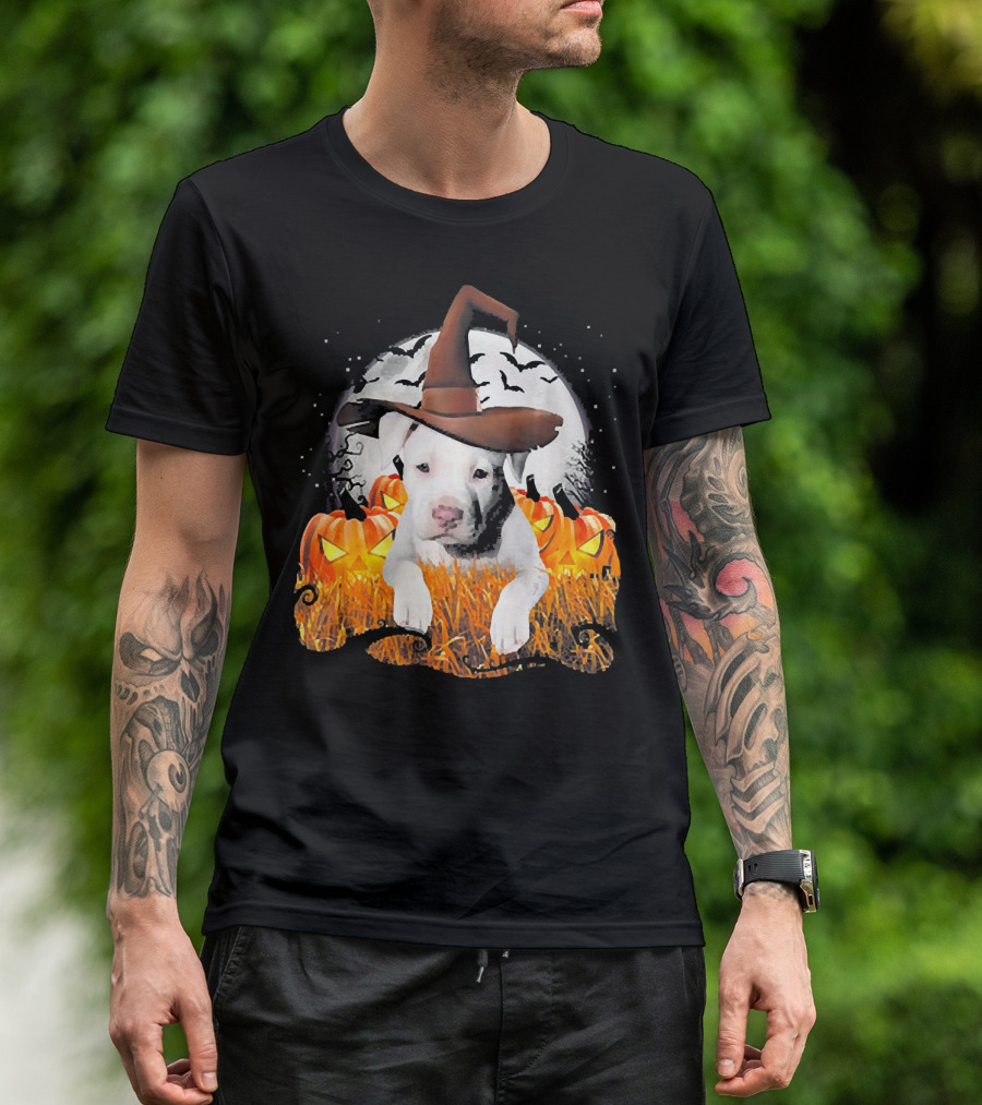 Cute White Pit Bull Dog Witch On Halloween Pumpkin Patch Night Scene T-Shirt