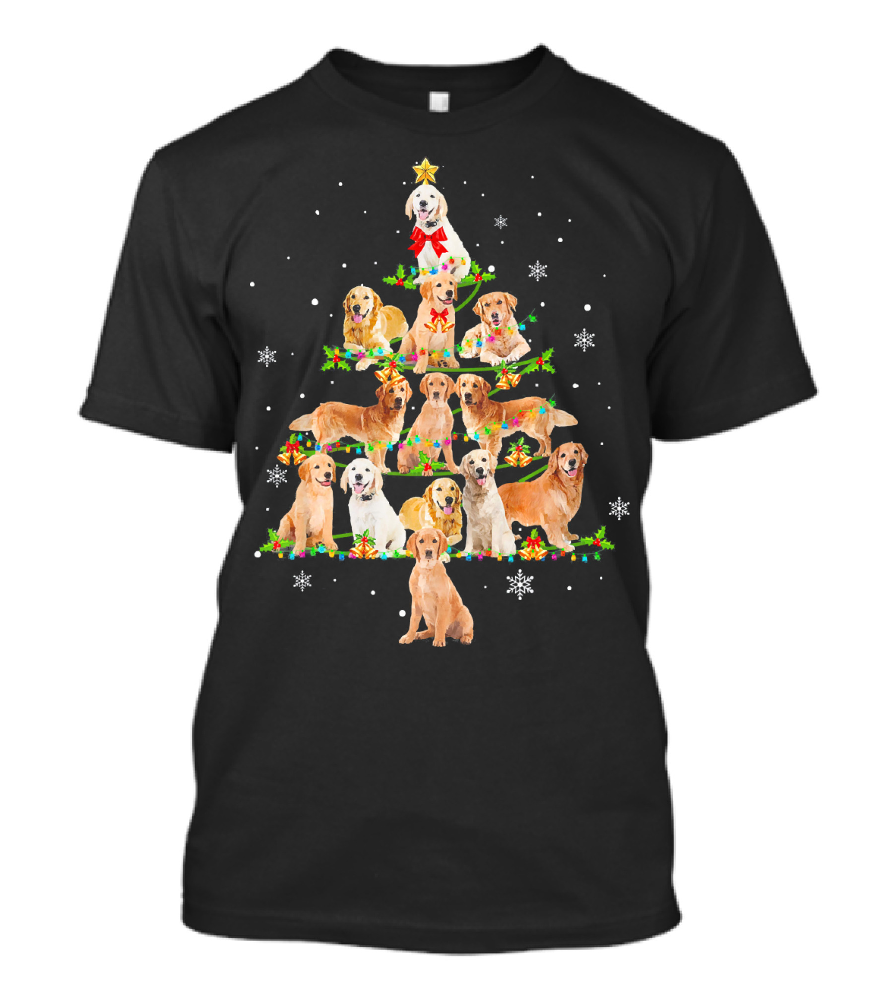 Golden Retriever Christmas Tree With Snowflakes And Holiday Decorations T-Shirt