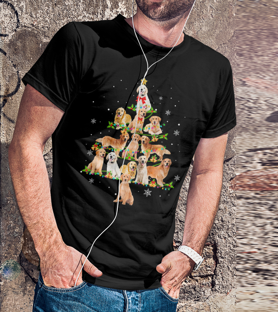 Golden Retriever Christmas Tree With Snowflakes And Holiday Decorations T-Shirt