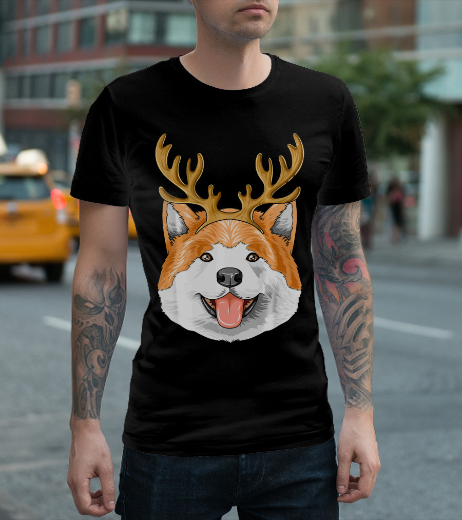 Akita Dog with Reindeer Antlers Christmas Holiday T-Shirt