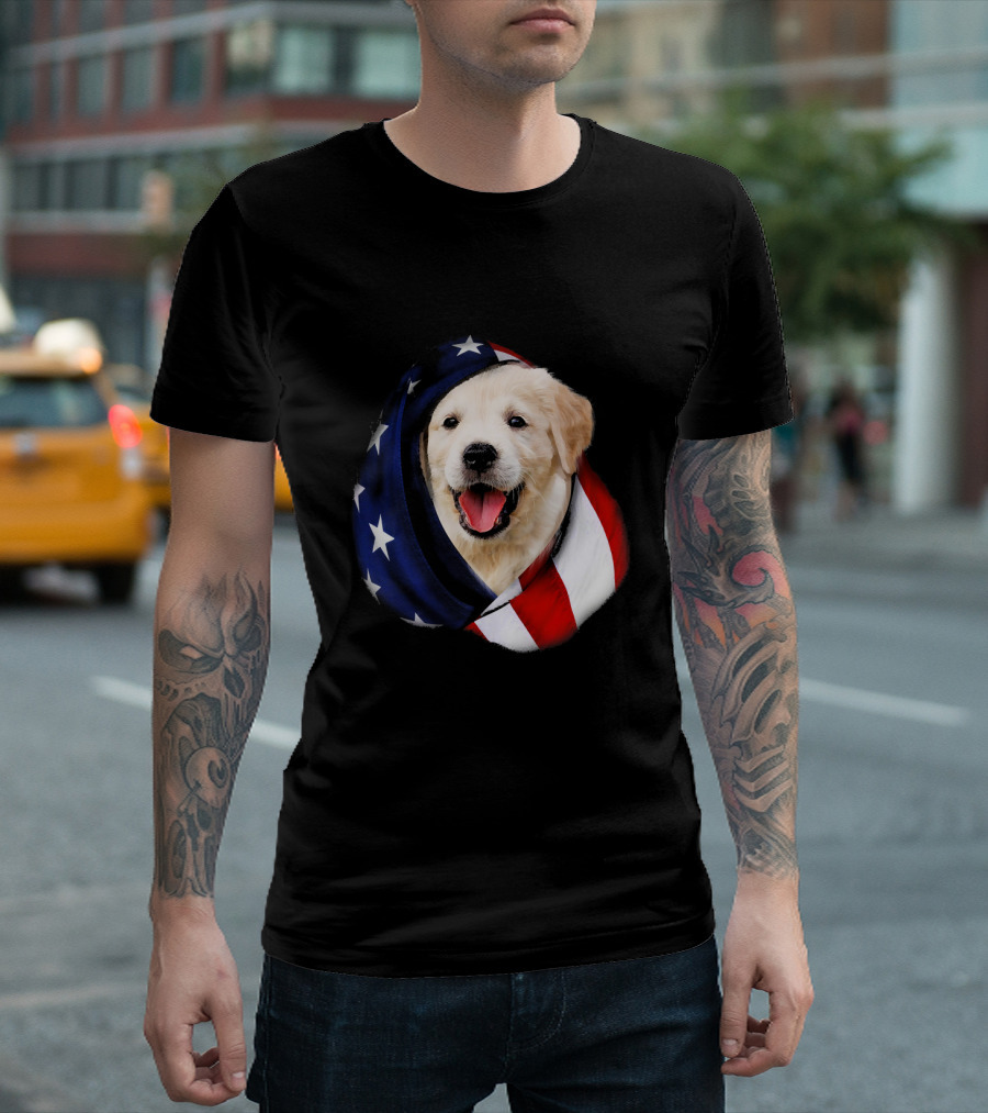 Golden Retriever Wrapped In American Flag Stars And Stripes USA T-Shirt