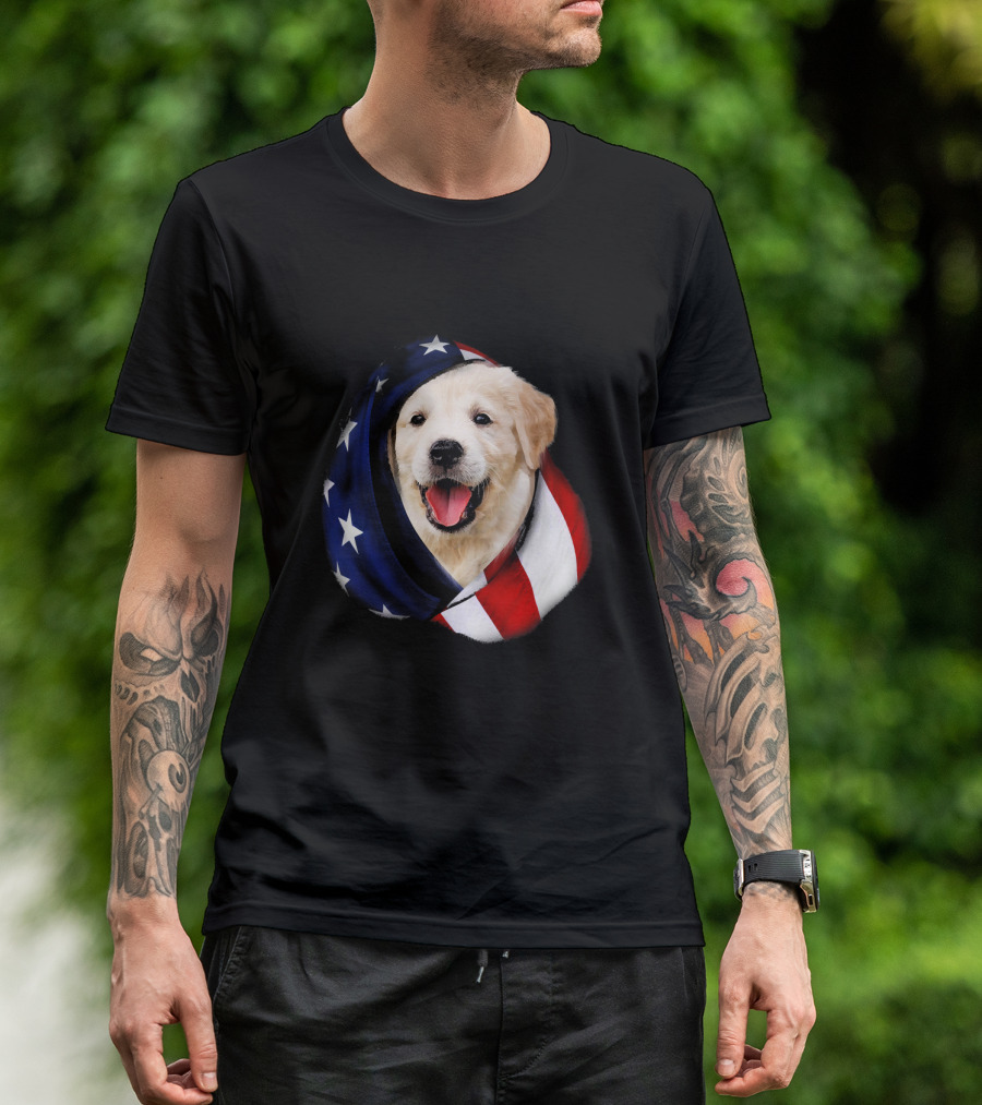 Golden Retriever Wrapped In American Flag Stars And Stripes USA T-Shirt