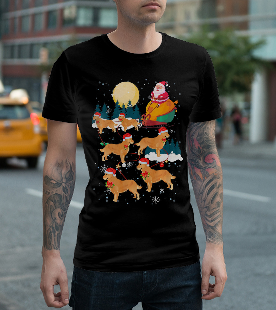 Santa Sleigh with Golden Retriever Reindeer Under Full Moon T-Shirt